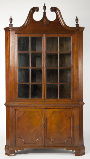 Important North Carolina inlaid corner cupboard, Davidson or Guilford County, circa 1820 (est. $15,000 to $25,000). Image courtesy of Leland Little Auction & Estate Sales Ltd.